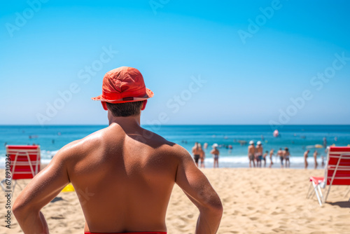 Rear view of a male lifeguard who dutifully watches over swimmers ready to take immediate action in case of a life threatening situation in the ocean © MVProductions