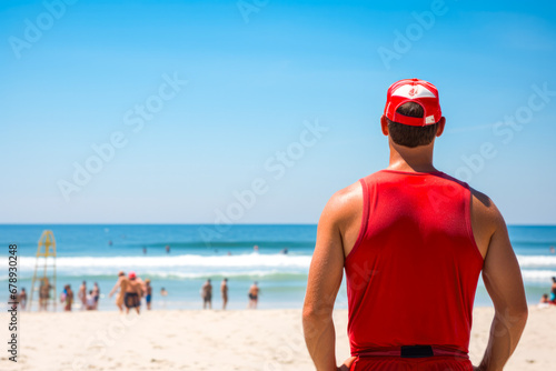 Rear view of a male lifeguard who dutifully watches over swimmers ready to take immediate action in case of a life threatening situation in the ocean photo