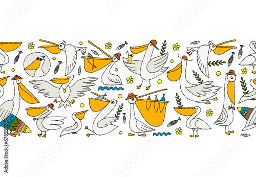 Pelicans family. Funny characters. Seamless pattern background for your desig...
