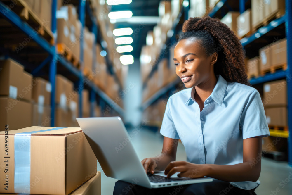 Fototapeta premium Female African American logistics coordinator in warehouse demonstrating engaged woman in the workplace
