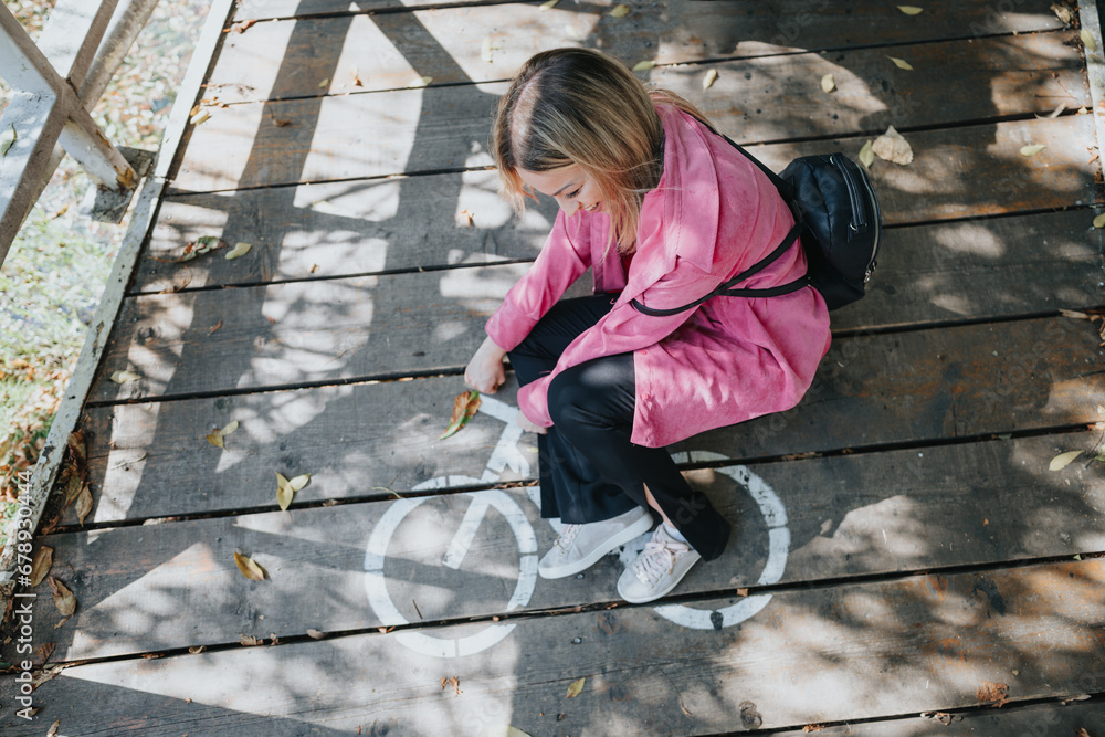 A positively disposed girl rides a drawn or fake bicycle on the bridge while having fun with her friends in the park A positively disposed girl rides a drawn or fake bicycle on the bridge while having fun with her friends in the park