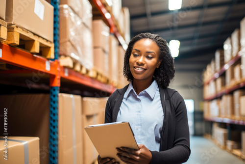 Female African American logistics coordinator in warehouse demonstrating engaged woman in the workplace