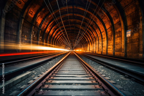 A long exposure drive point of a view inside train tracks in the long dark tunnel