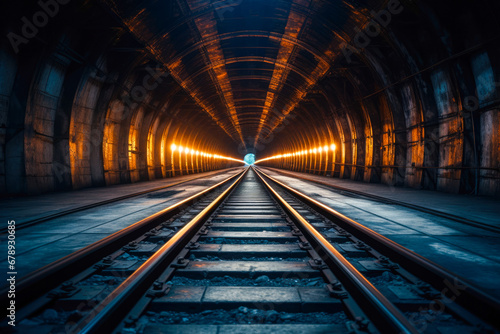 A long exposure drive point of a view inside train tracks in the long dark tunnel © MVProductions