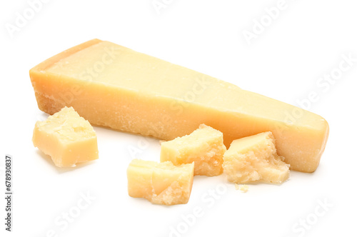 Pieces of tasty Parmesan cheese on white background