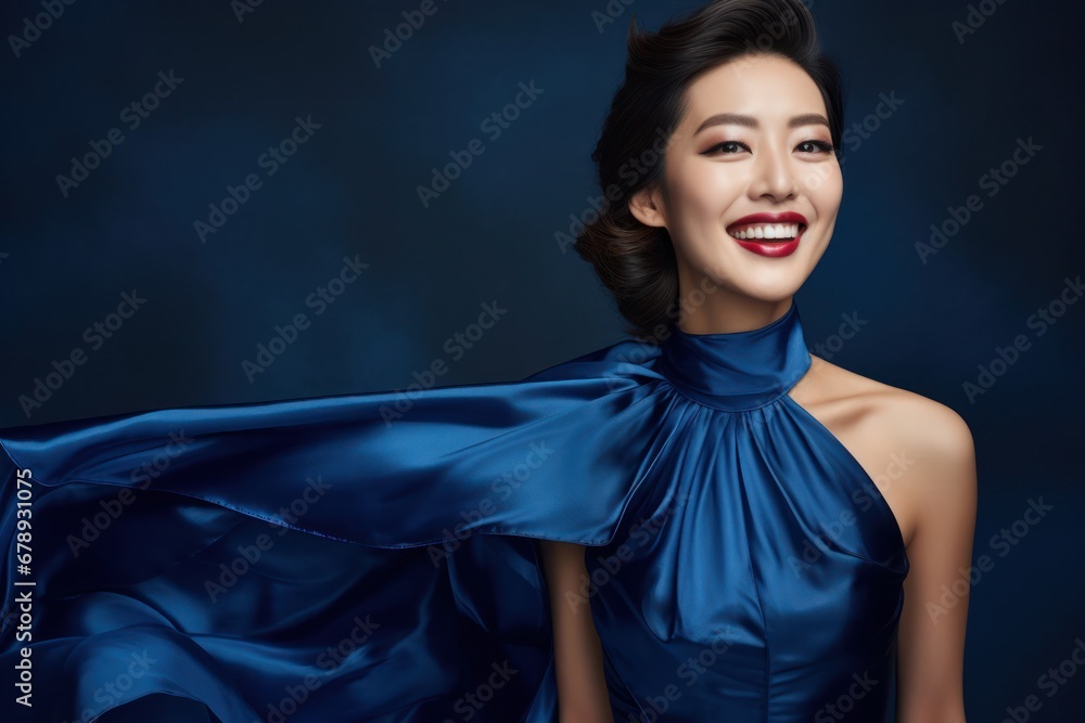 Beautiful Chinese Asian Fashion Model Smiling in Blue Dress Generative AI Beautiful Chinese Asian Fashion Model Smiling in Blue Dress Generative AI