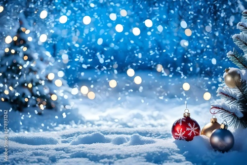 Winter snowy background with Christmas toys  snowdrifts  with beautiful light and snow flakes on the blue sky in the evening  banner format  copy space. Christmas decoration