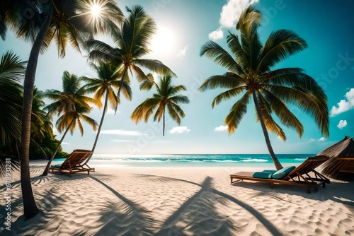 Perfect beach view. Summer holiday and vacation design. Inspirational tropical beach, palm trees and white sand. Tranquil scenery, relaxing beach, tropical landscape design. Moody landscape photo