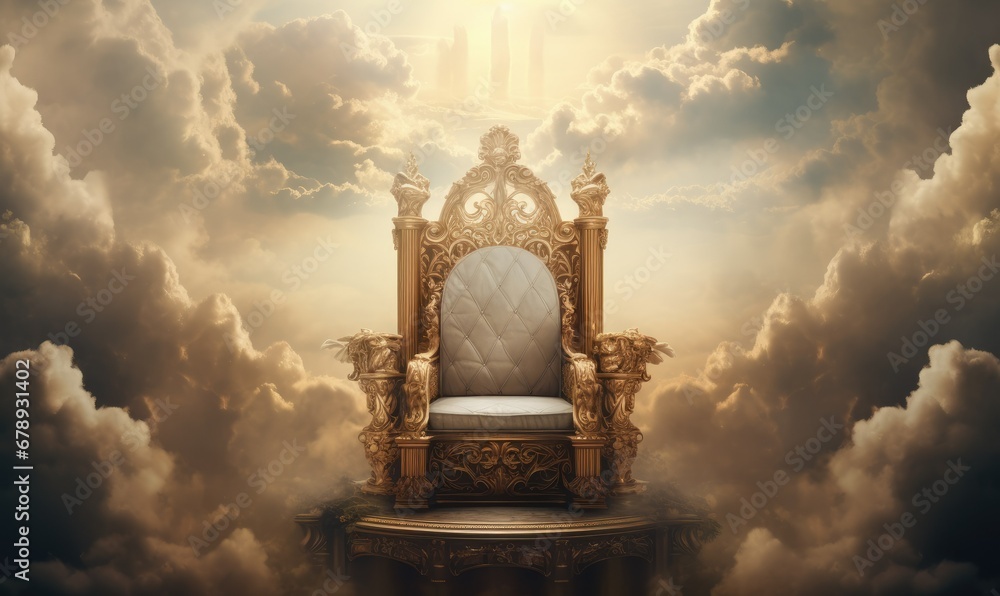 Regal Gold Throne: A Magnificent Ornate Seat Fit for Royalty, Adorned with a Majestic Crown - obrazy, fototapety, plakaty 