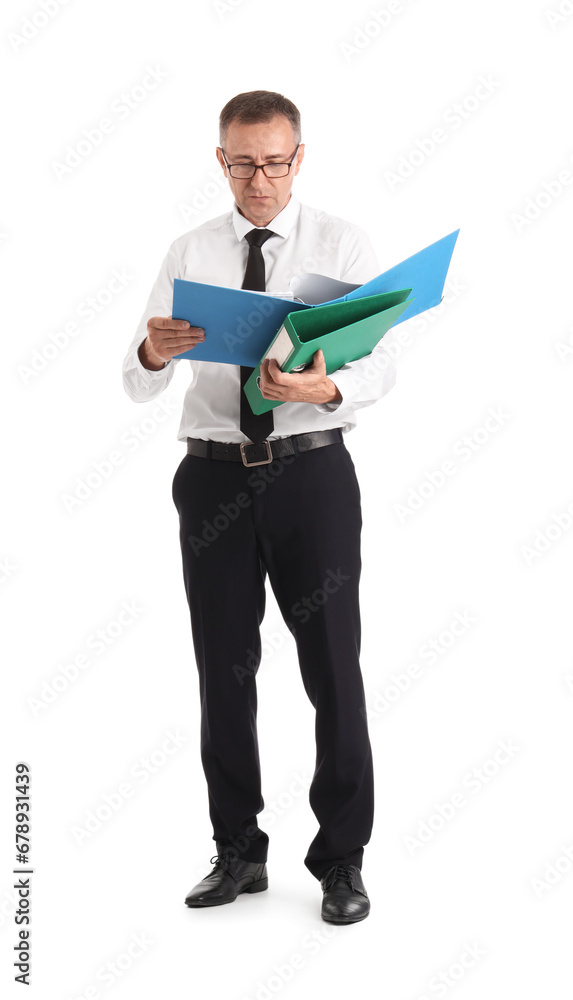 Mature businessman with folders on white background Mature businessman with folders on white background