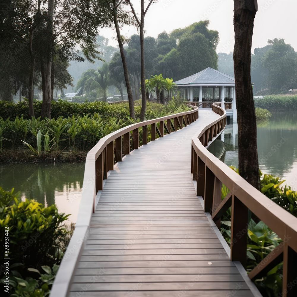 The walkway beside the lake in hues of serene green 
