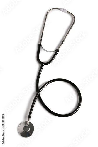 Modern stethoscope on light background