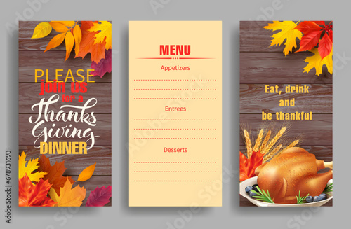 Design template for Thanksgiving dinner invitation cards. Vector set.