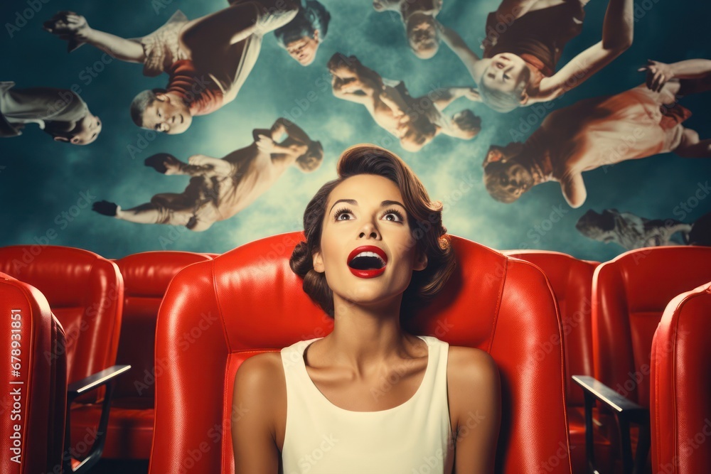 1960s Style Woman Enjoys a Film in a Red Chair Generative AI 1960s Style Woman Enjoys a Film in a Red Chair Generative AI