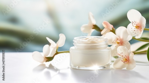white Wooden table on blurred whitening and moisturizing Face cream in an open glass jar and flowers on white background, Advertisement, Print media, Illustration, Banner, for website
