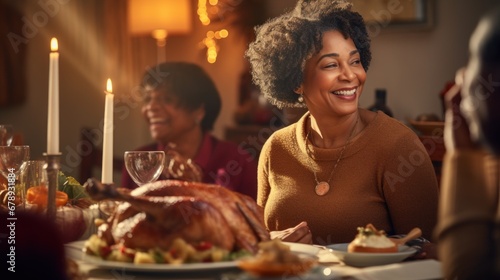 Happy African American mature woman brining stuffed turkey at dining table during family dinner  lifestyles  happiness  sitting  togetherness