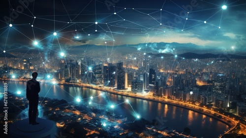 Smart city and communication network. Digital transformation, business, building, modern, urban, technology, connection, information, innovation, capita, future.