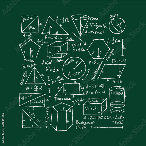 Mathematics and geometry, figures and formulas on dark green background. For school, university and training. Symbols, cheat sheet, mathematics. Hand drawn sketch for your design