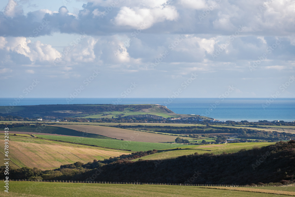 Obraz premium View of the South Downs and the English Channel in autumn, East Sussex, England