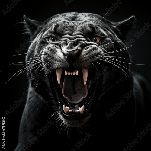 Silent Fury  A High Contrast Black and White Image of a Panther with its Mouth Agape