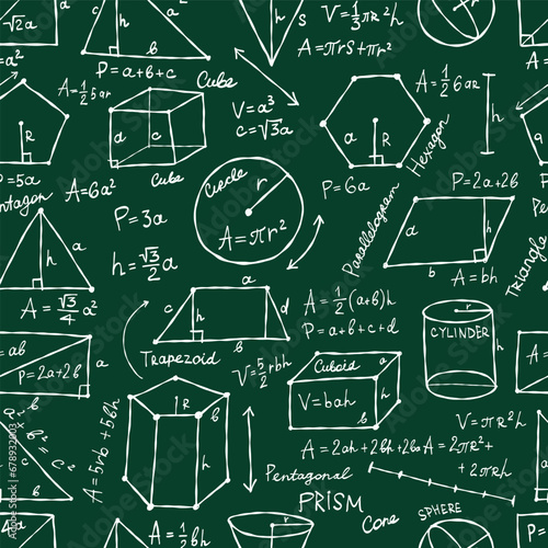 Mathematics and geometry, figures and formulas. Seamless pattern background. For school, university and training. Symbols, cheat sheet, mathematics. Hand drawn sketch for your design