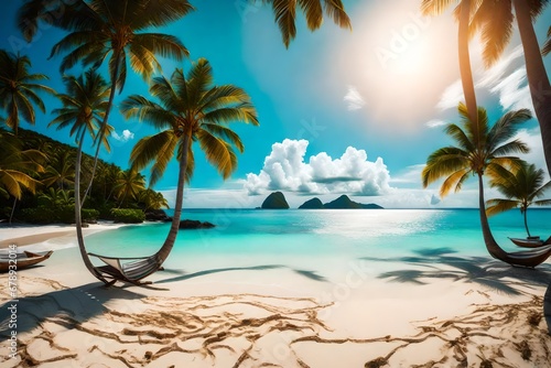 Perfect beach view. Summer holiday and vacation design. Inspirational tropical beach, palm trees and white sand. Tranquil scenery, relaxing beach, tropical landscape design. Moody landscape