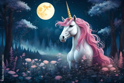 Unicorn in the magic forest stand in the moon light photo