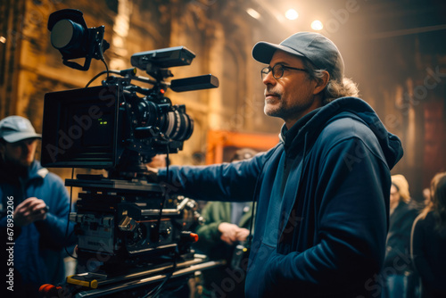 Male film director directing movie scene in a highly equipped studio watching over scenes and making sure they comply with his creative vision