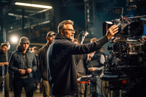 Male film director directing movie scene in a highly equipped studio watching over scenes and making sure they comply with his creative vision