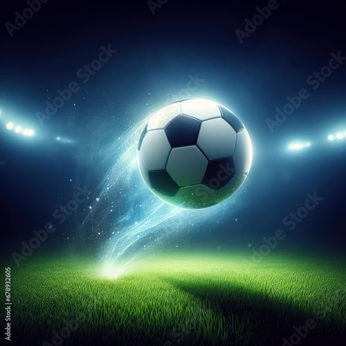 A soccer ball floats in the middle of the grass with a sparkling effect.