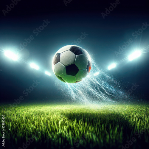A soccer ball floats in the middle of the grass with a sparkling effect.