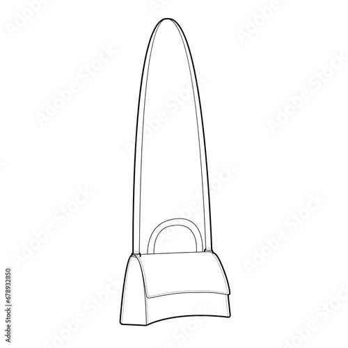 Hourglass Small Cross-Body Tote Bag silhouette. Fashion accessory technical illustration. Vector satchel front 3-4 view for Men, women, unisex style, flat handbag CAD mockup sketch outline isolated