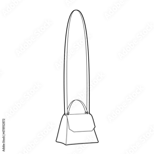 Mini Cross-Body Bag saddle silhouette bag. Fashion accessory technical illustration. Vector satchel front 3-4 view for Men, women, unisex style, flat handbag CAD mockup sketch outline isolated