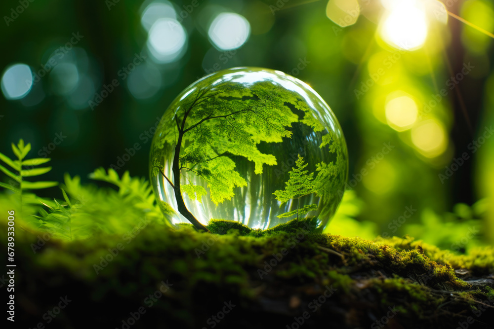 Glass globe surrounded by verdant forest flora, symbolizing nature, environment, sustainability, ESG, and climate change awareness Glass globe surrounded by verdant forest flora, symbolizing nature, environment, sustainability, ESG, and climate change awareness