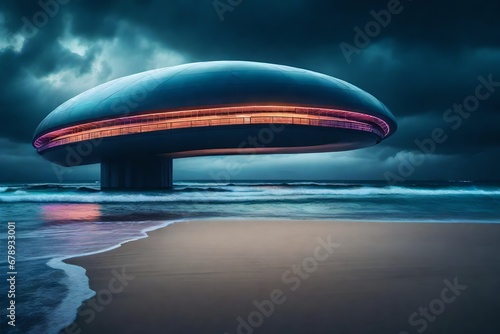 Generative AI illustration of futuristic oval shaped sleek modern floating building over sandy beach with water against dark cloudy sky photo