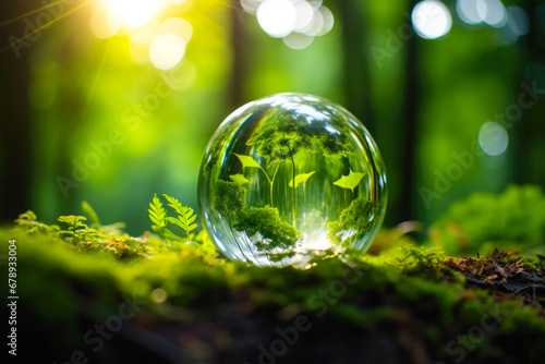 Glass globe surrounded by verdant forest flora, symbolizing nature, environment, sustainability, ESG, and climate change awareness