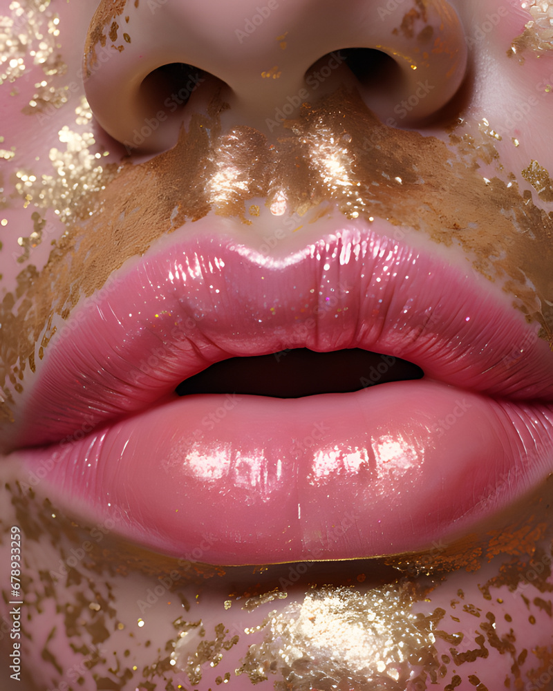 close up of lips with lipstick,bodyart,pastel pink and gold colors,minimal composition.Creative make up party concept