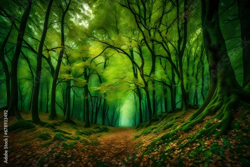artistic composition showcasing a lush green forest with fallen leaves and tree branches