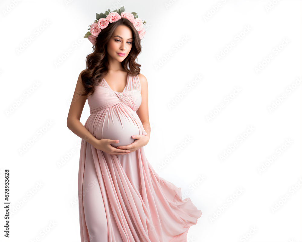 mujer hispana embarazada, con un vestido rosa y una corona de rosas en la cabeza, sosteniendo su vientre, aislada en un fondo blanco 