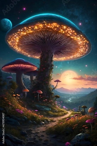 Bioluminescent planet covered in glowing flowers and mushrooms, two moons, glittering stars