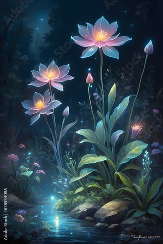 A magical world of wonders  glowy  bioluminescent flora