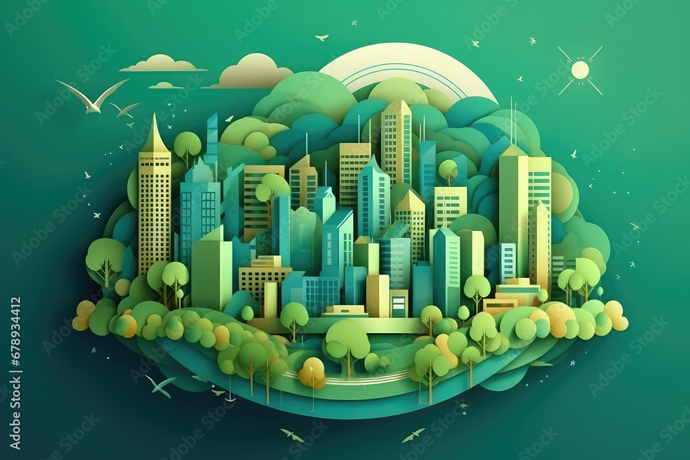 Environment concept with green eco city background. Paper art style. Generative AI.
