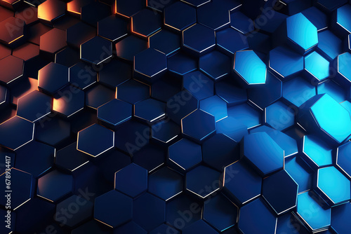 Hexagonal geometric ultra wide background. Abstract blue of futuristic. Sci fi banner, cover. 3d render illustration.