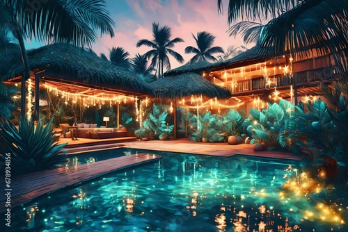 Generative AI illustration of swimming pool with glowing garlands and exotic plants in tropical resort during vacation-