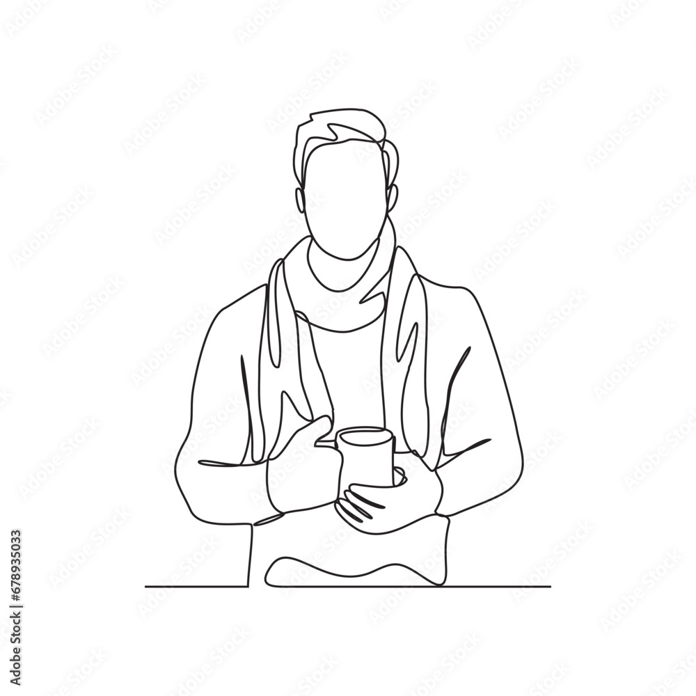 One continuous line drawing of a man wearing a wool jacket in winter vector illustration. Fashion during winter design illustration simple linear style vector concept. Winter fashion design asset.