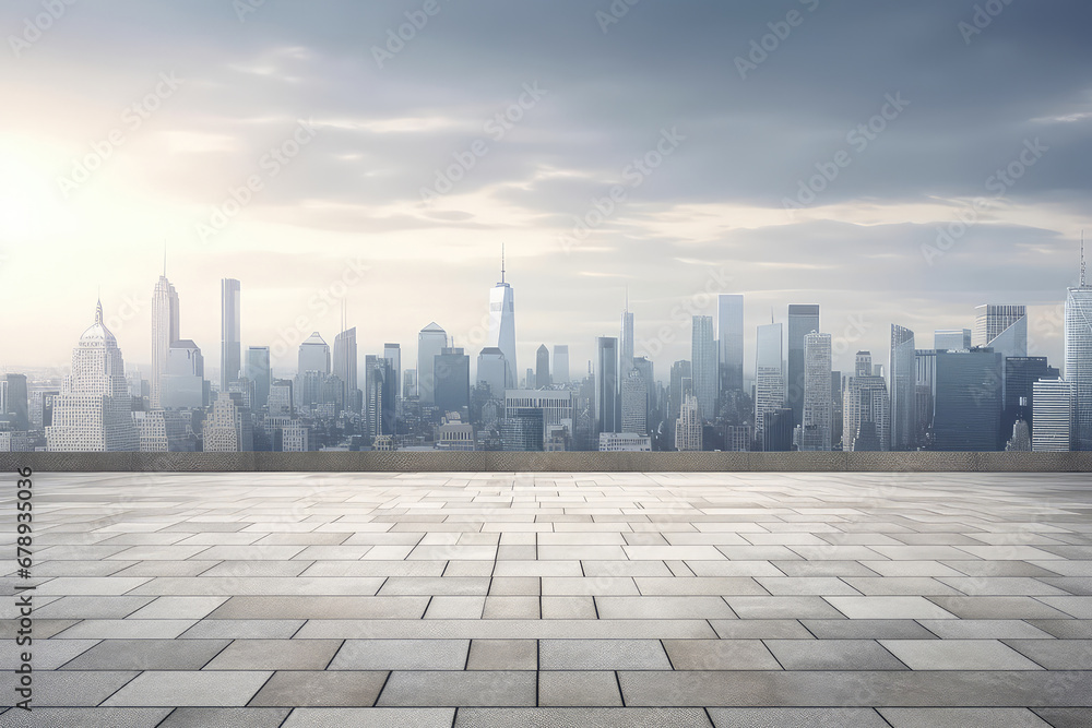 Panoramic skyline and buildings with empty brick concrete square floor cityscape. 3d render illustration. Generative AI. Panoramic skyline and buildings with empty brick concrete square floor cityscape. 3d render illustration. Generative AI.