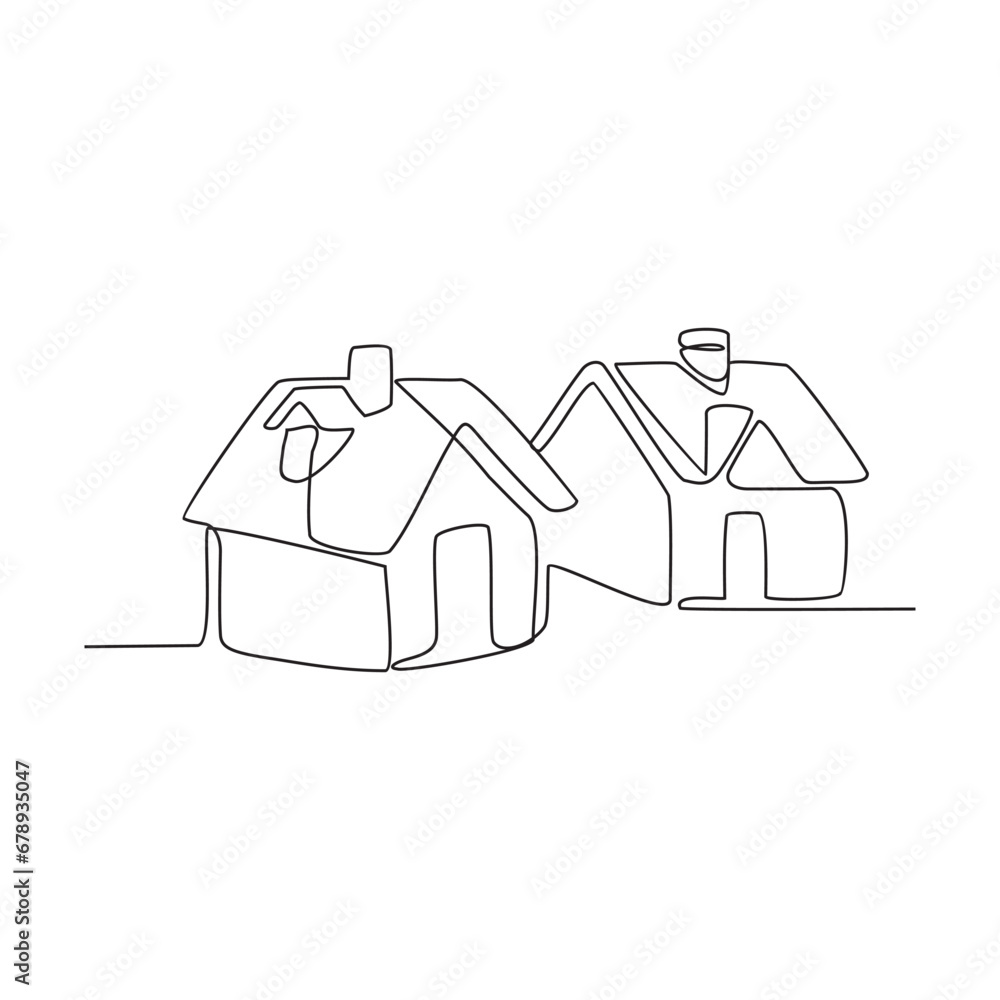 One continuous line drawing of the house is covered in snow and has a chimney vector illustration. Simple house  with chimney day design illustration simple linear style vector concept.