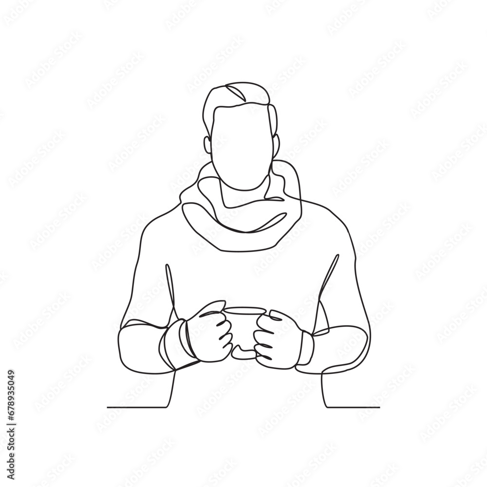 One continuous line drawing of a man wearing a wool jacket in winter vector illustration. Fashion during winter design illustration simple linear style vector concept. Winter fashion design asset. One continuous line drawing of a man wearing a wool jacket in winter vector illustration. Fashion during winter design illustration simple linear style vector concept. Winter fashion design asset.