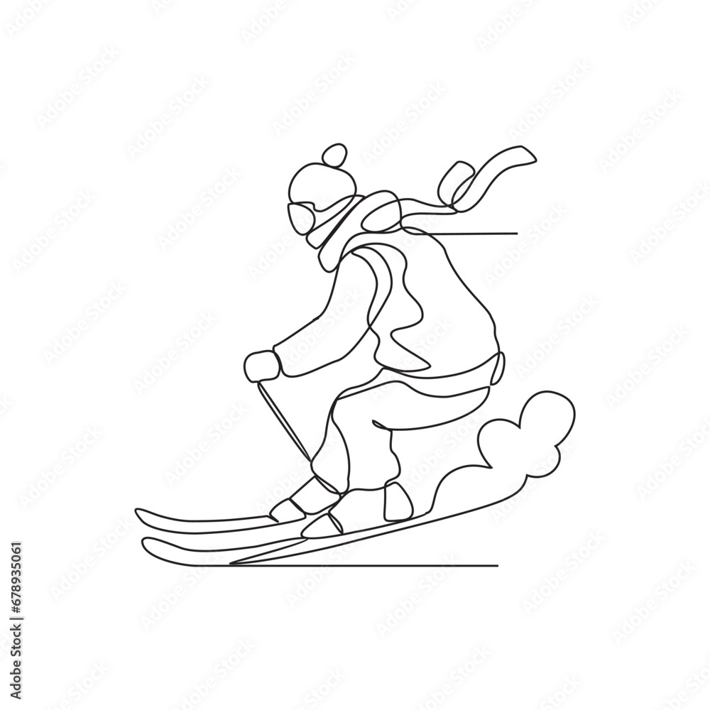 One continuous line drawing of a people who are skiing on a snowy arena vector illustration. ski competition day design illustration simple linear style vector concept. Sport concept design asset. One continuous line drawing of a people who are skiing on a snowy arena vector illustration. ski competition day design illustration simple linear style vector concept. Sport concept design asset.