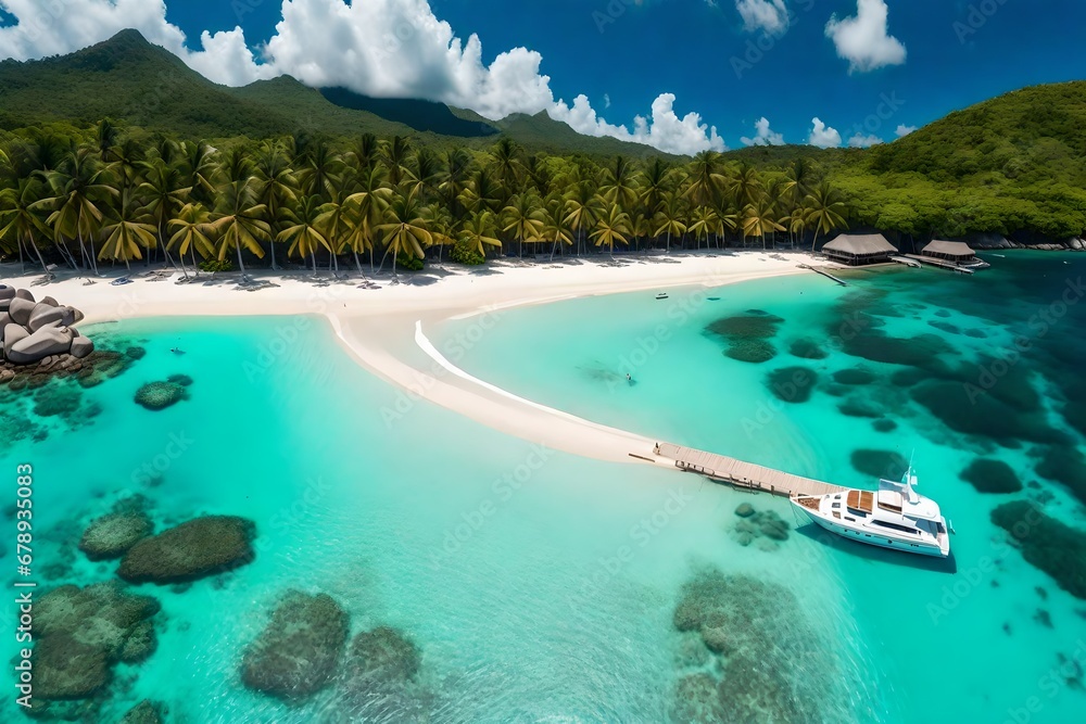 Aerial Pano of Grand Anse beach at La  island in Seychelles. White sandy beach with blue ocean lagoon and catamaran yacht moored-